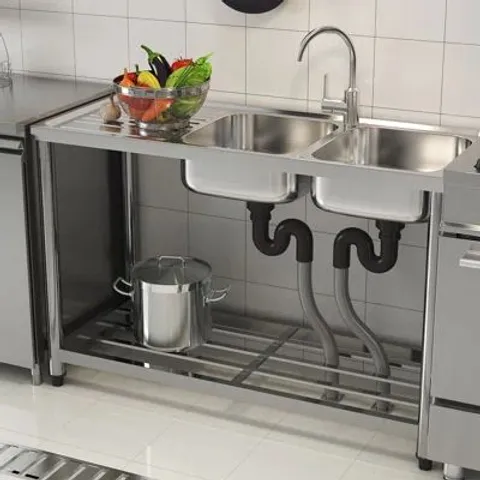 BOXED STAINLESS STEEL TWO COMPARTMENT SINKS WITH SHELVES AND DRAINBOARD (1 BOX)