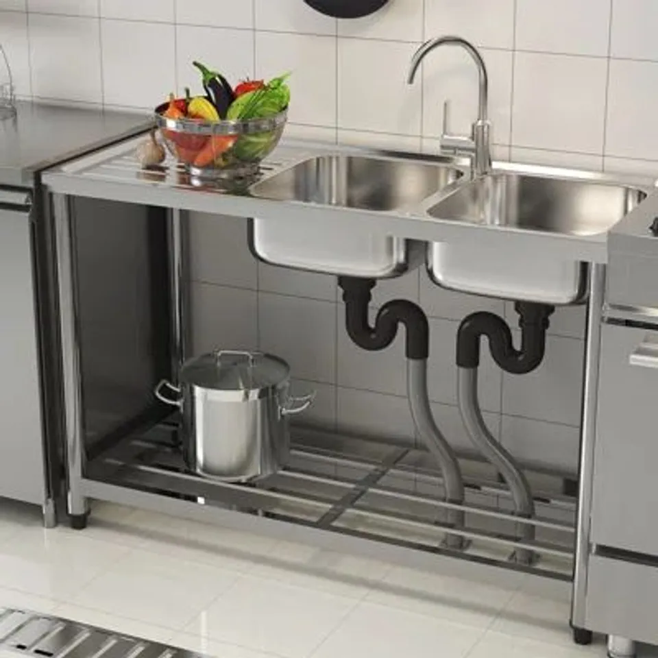 BOXED STAINLESS STEEL TWO COMPARTMENT SINKS WITH SHELVES AND DRAINBOARD (1 BOX)