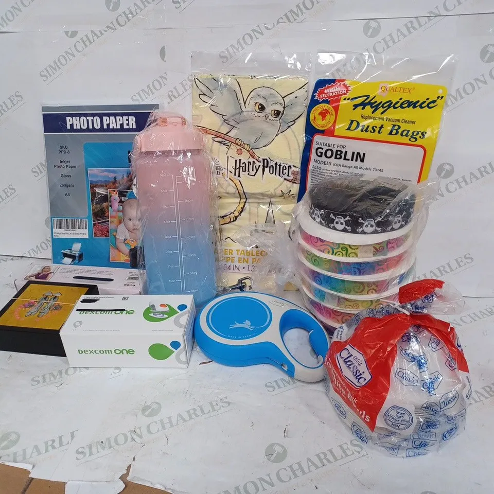BOX TO CONTAIN APPROX. 20 X ASSORTED HOUSEHOLD PRODUCTS, INCLUDES PHOTO PAPER, DUST BAGS, DO LEASH, WATER BOTTLE ETC 