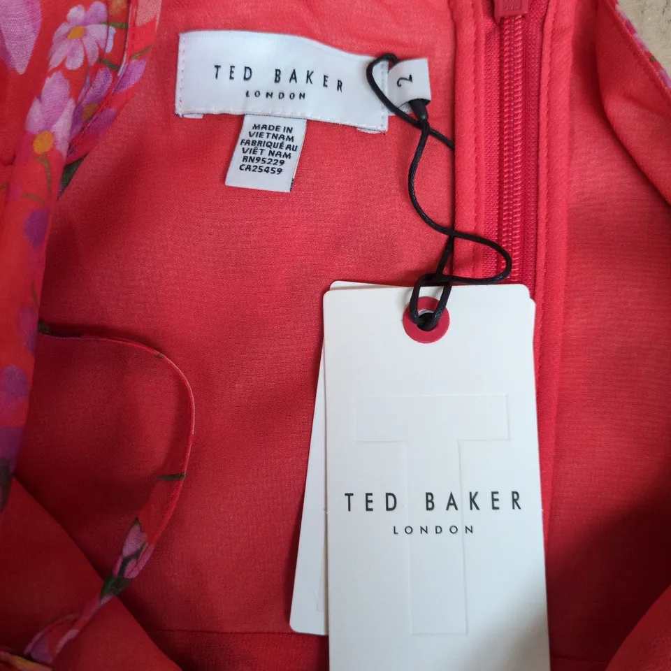 TED BAKER LONDON RED FLORAL DRESS WITH PUFF SLEEVES SIZE 2