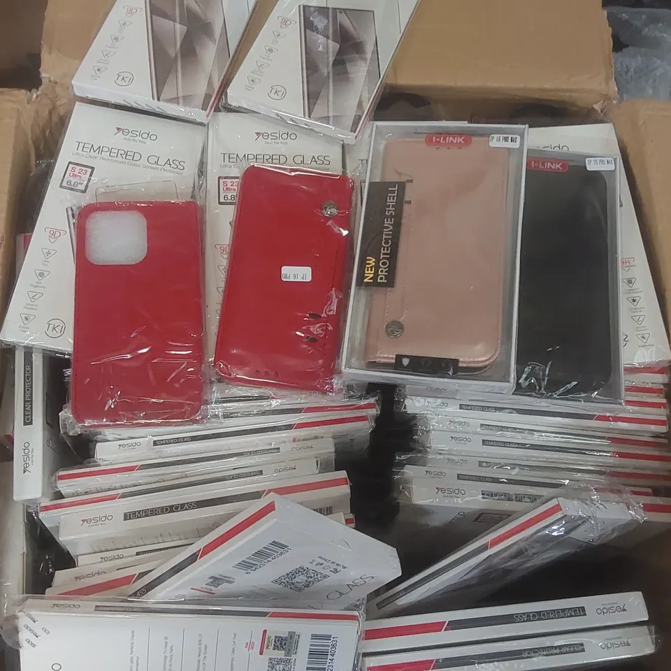 BOX CONTAINING A VERY LARGE QUANTITY OF ASSORTED PHONE SCREEN PROTECTORS AND CASES