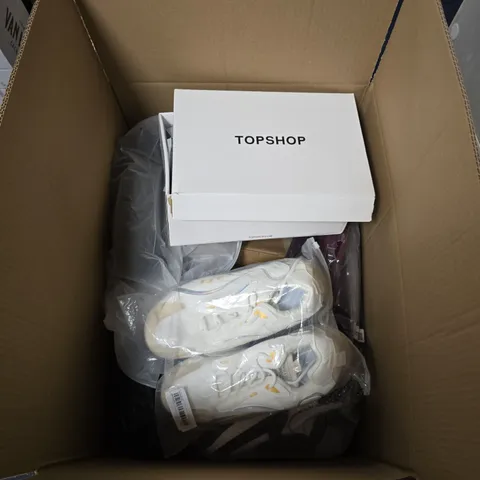 BOX OF APPROXIMATELY 12 PAIRS OF ASSORTED SHOES IN VARIOUS COLOUR, STYLES AND SIZES