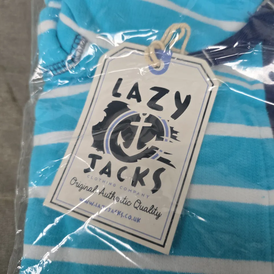 LAZY JACKS STRIPED ZIP-FRONT TOP, SIZE L, BLUE