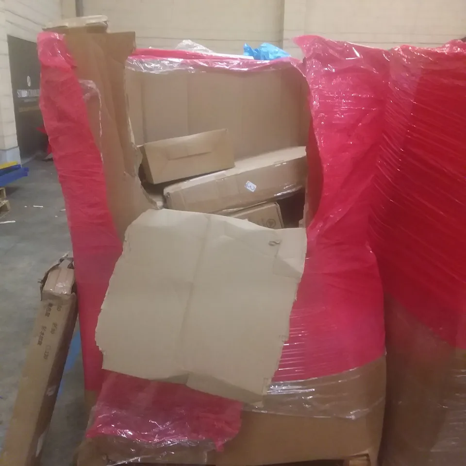 PALLET OF ASSORTED HOUSEHOLD PRODUCTS AND ITEMS, INCLUDING; AIR FRYER, CHILDREN'S TRICYCLE, PURIFIER AND HEATER FAN, OFFICE CHAIR, TURNTABLE HI-FI SYSTEM ETC