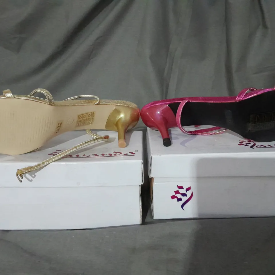 APPROXIMATELY 10 BOXED PAIRS OF FLAT LOW PROFILE HIGH HEELS 6 GOLD PAIRS 4 PINK PAIRS