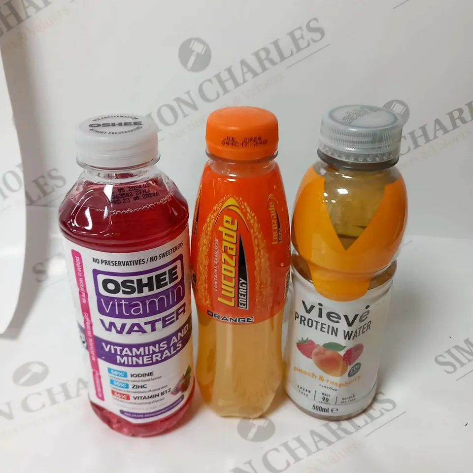 APPROXIMATELY 16 ASSORTED BOTTLES OF DRINK TO INCLUDE; VIEVE PROTEIN WATER PEACH AND RASPBERRY, OSHEE VITAMIN WATER AND LUCOZADE ENERGY