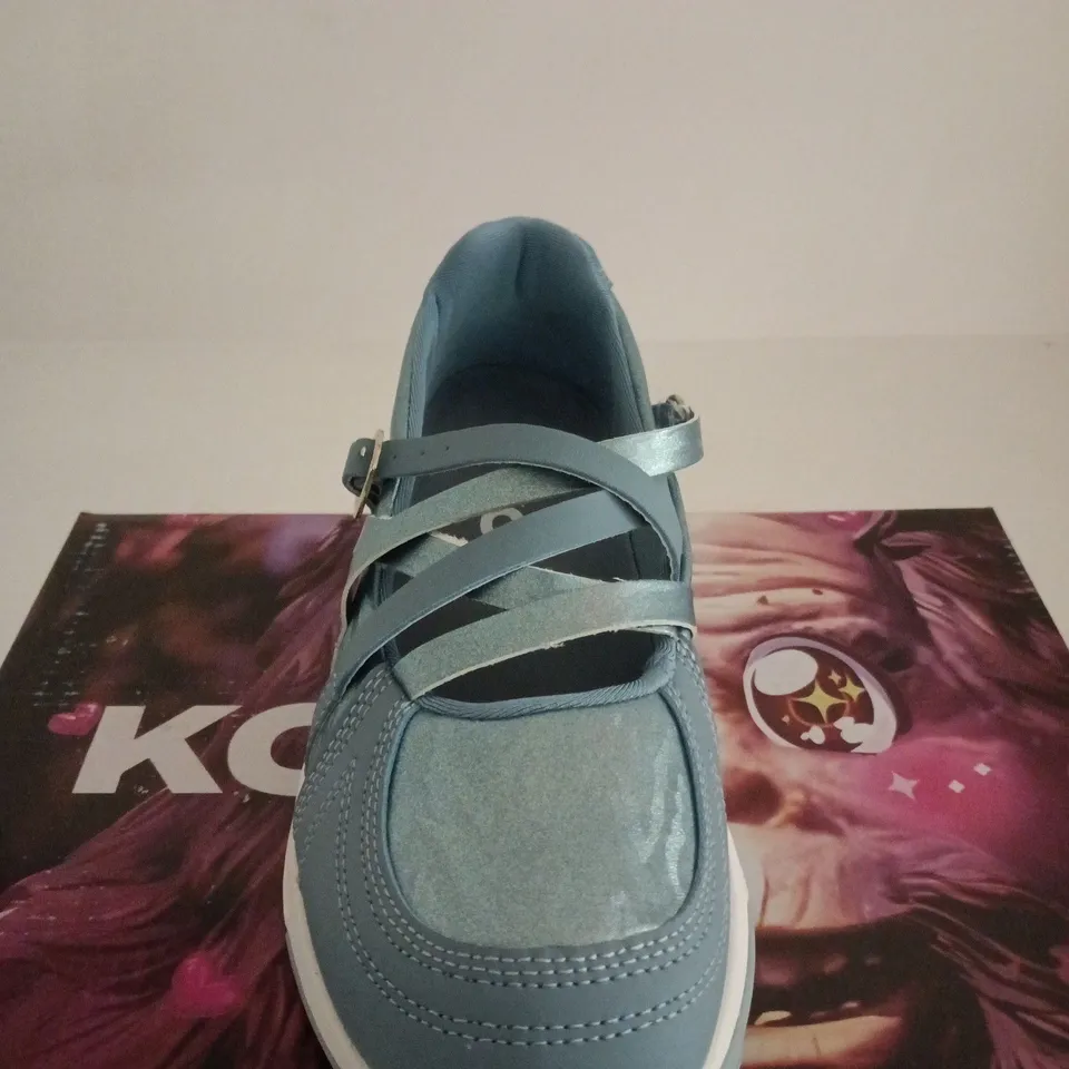 BOXED PAIR OF KOI KYUBI SHIMMERING HIKING MARY JANES – MINT/BLUE, UK SIZE 6