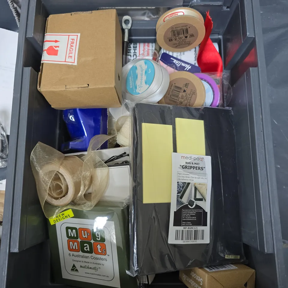 APPROXIMATELY 15 ASSORTED HOUSEHOLD ITEMS TO INCLUDE SKEWERS, GENERAL PURPOSE ADHESIVE, CAT TOY, PAD LOCK, ASSORTED RIBBONS