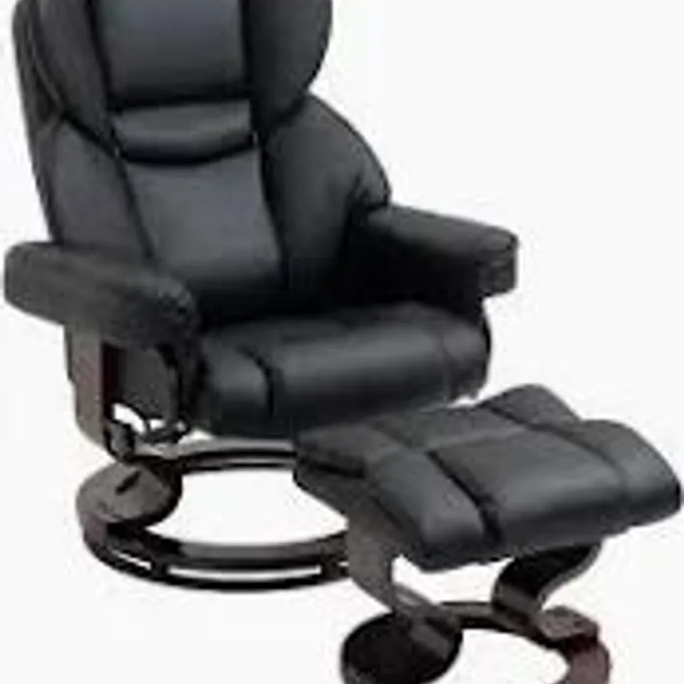 BOXED HOMCOM MANUAL RECLINER AND FOOTREST SET PU LEATHER LEISURE LOUNGE CHAIR ARMCHAIR WITH SWIVEL WOOD BASE, BLACK