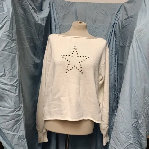 BERSHKA WHITE KNIT JUMPER WITH STAR EMBELLISHMENT – WOMEN'S (EU/M) 