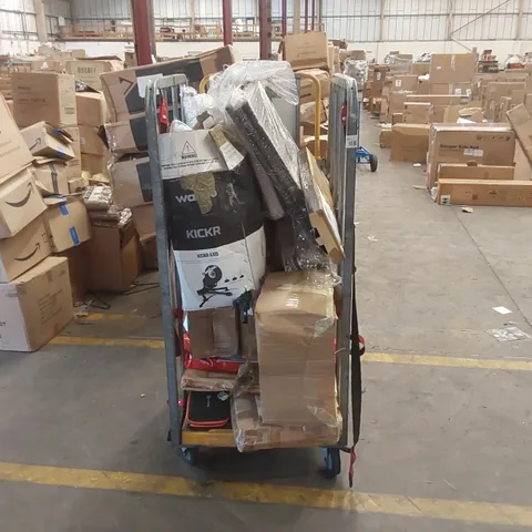 CAGE OF ASSORTED CONSUMER PRODUCTS INCLUDING: SHOE RACK, RATTAN FURNITURE PARTS, ARTIFICIAL CHRISTMAS TREE PARTS, FACE MASKS ECT // CAGE NOT INCLUDED