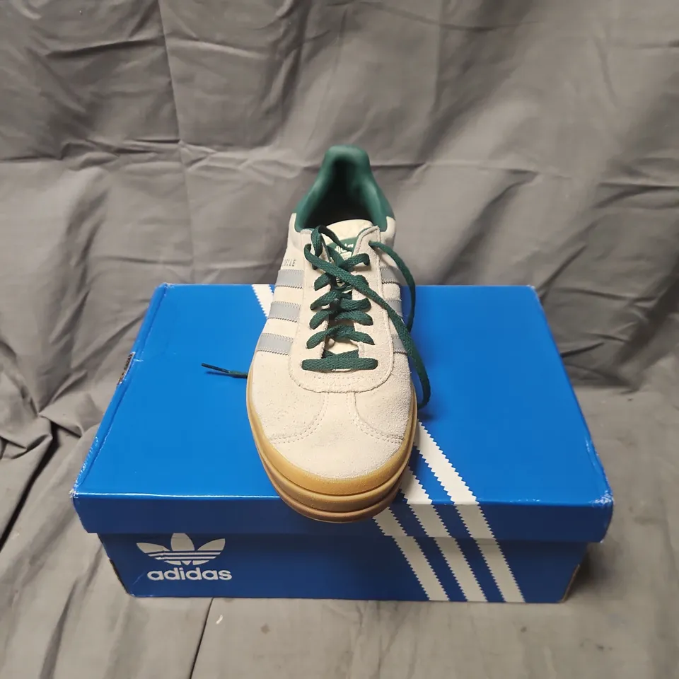BOXED ADIDAS GAZELLE BOLD W WOMEN’S SNEAKERS – UK 6 (US 7.5) OFF-WHITE SUEDE WITH GREEN ACCENTS
