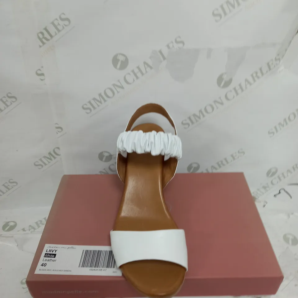 BOXED MODA IN PELLE LIIVY WHITE LEATHER BLOCK HEEL ROUCHED SANDAL SIZE 7 