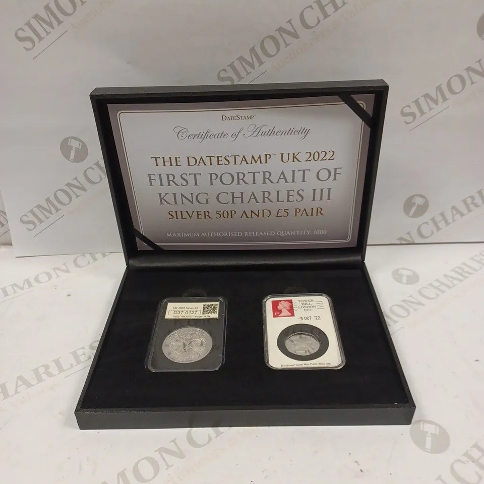 THE DATESTAMP UK 2022 FIRST PORTRAIT OF CHARLES III SILVER 50P & £5 PAIR 