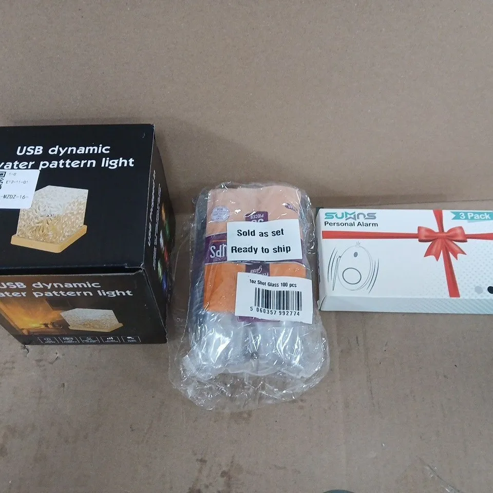 APPROXIMATELY 15 ASSORTED HOUSEHOLD PRODUCTS TO INCLUDE PERSONAL PROTECTION ALARM, 100 DISPOSABLE SHOT GLASSES, USB WATER PATTERN LIGHT ETC  