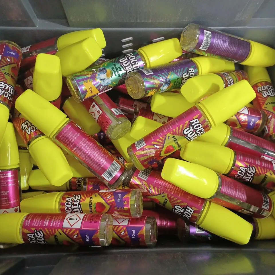 BOX OF APPROX 50 ROCCA JUICE VAPE LIQUID BOTTLES (50ML) IN DIFFERENT FLAVOURS TO INCLUDE - STRAWBERRY & ICY BLUEBERRY LEMON -  COLLECTION ONLY