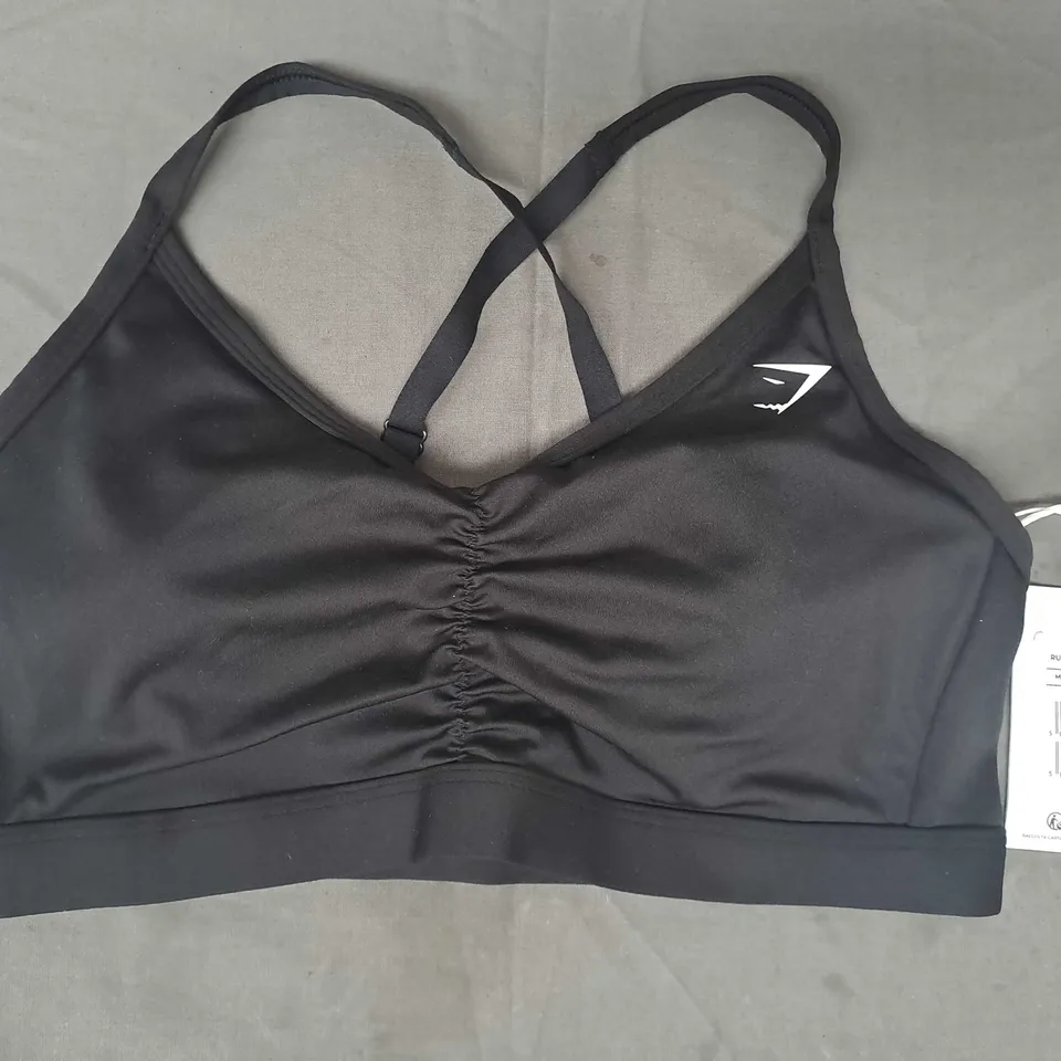 GYM SHARK RUCHED SPORTS BRA IN BLACK SIZE MEDIUM