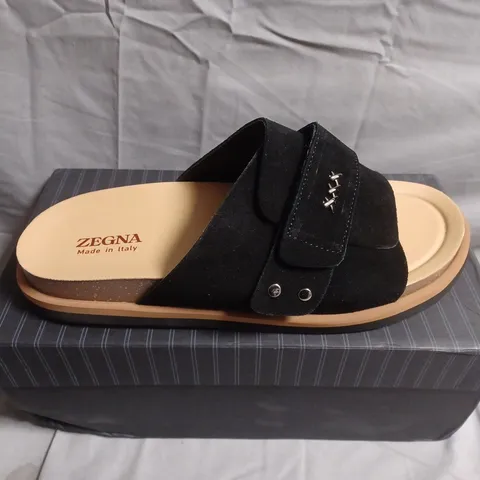 BOXED PAIRO OF ZEGNA BLACK VELVET STRAP SLIDE SANDALS – UK SIZE 10