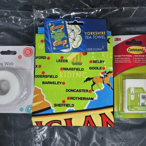 APPROXIMATELY 10 ASSORTED HOUSEHOLD ITEMS TO INCLUDE PICTURE HANGING STRIPS, YORKSHIRE TEA TOWEL, ETC