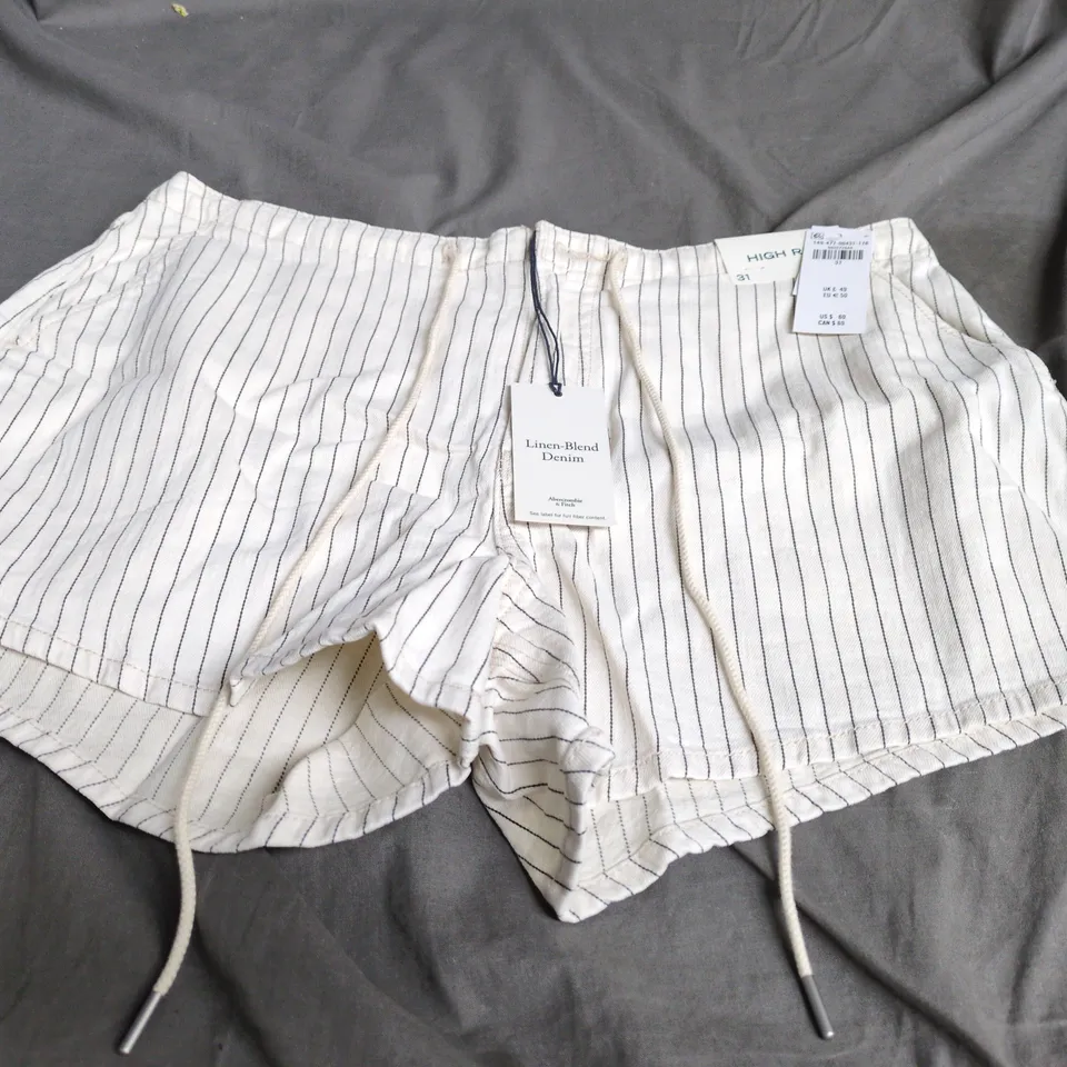 ABERCROMBIE & FITCH HIGH RISE LINEN-BLEND DENIM SHORTS – STRIPED, UK 31 (US 31)