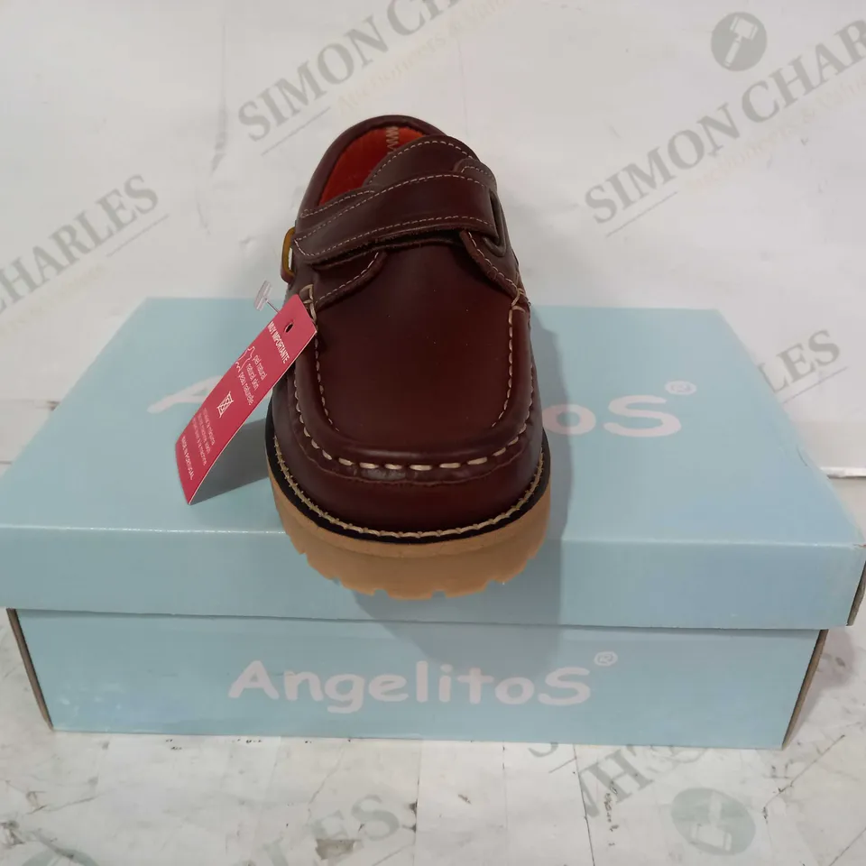 BOXED PAIR OF ANGELITOS VELCRO STRAP LEATHER SHOES IN BROWN EU SIZE 32
