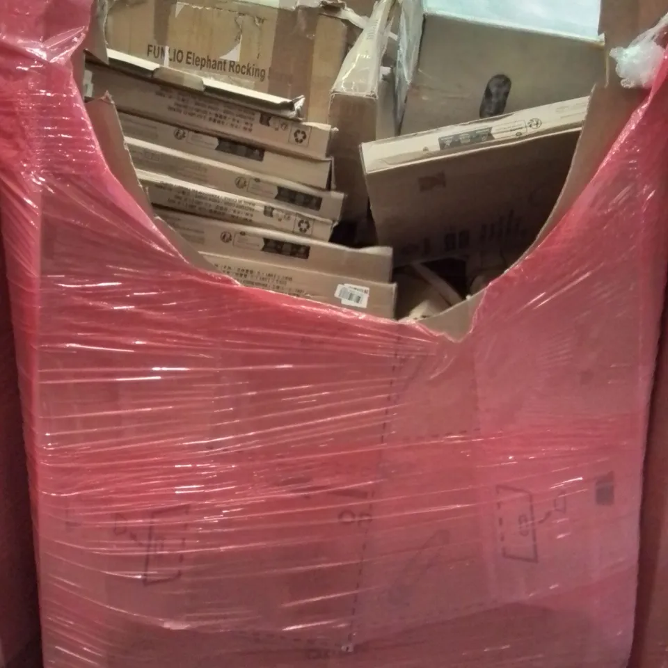 PALLET CONTAINING VARIOUS ASSORTED BOXED HOUSEHOLD ITEMS TO INCLUDE: ELEPHANT ROCKING HORSE, TOILET SEATS, HEART SHAPED WALL MIRROR, SILICONE BATH MAT AND LOTS MORE UNMARKED BOXED ITEMS 