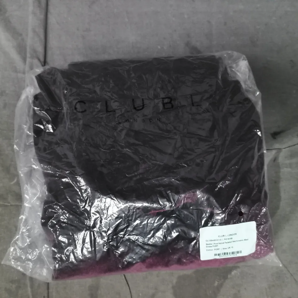 CLUBL LONDON PORT VELVET TWISTED ASYMMETRICAL MAXI DRESS SIZE UK 10