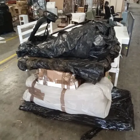 PALLET OF ASSORTED HOUSEHOLD GOODS AND INCOMPLETE FURNITURE PARTS TO INCLUDE; GO KART, SPORTS AND FURNITURE PARTS AND PIECES 