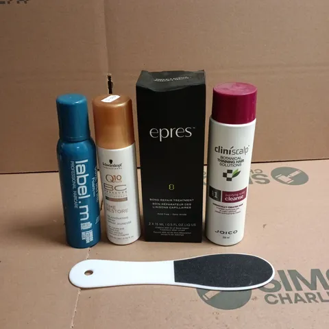 BOX OF APPROXIMATELY 9 ASSORTED BEAUTY PRODUCTS TO INCLUDE EPRES BOND REPAIR TREATMENT, SCHWARZKOPF TIME RESTORE SPRAY AND LABEL.M CURL DEFINE FOAM