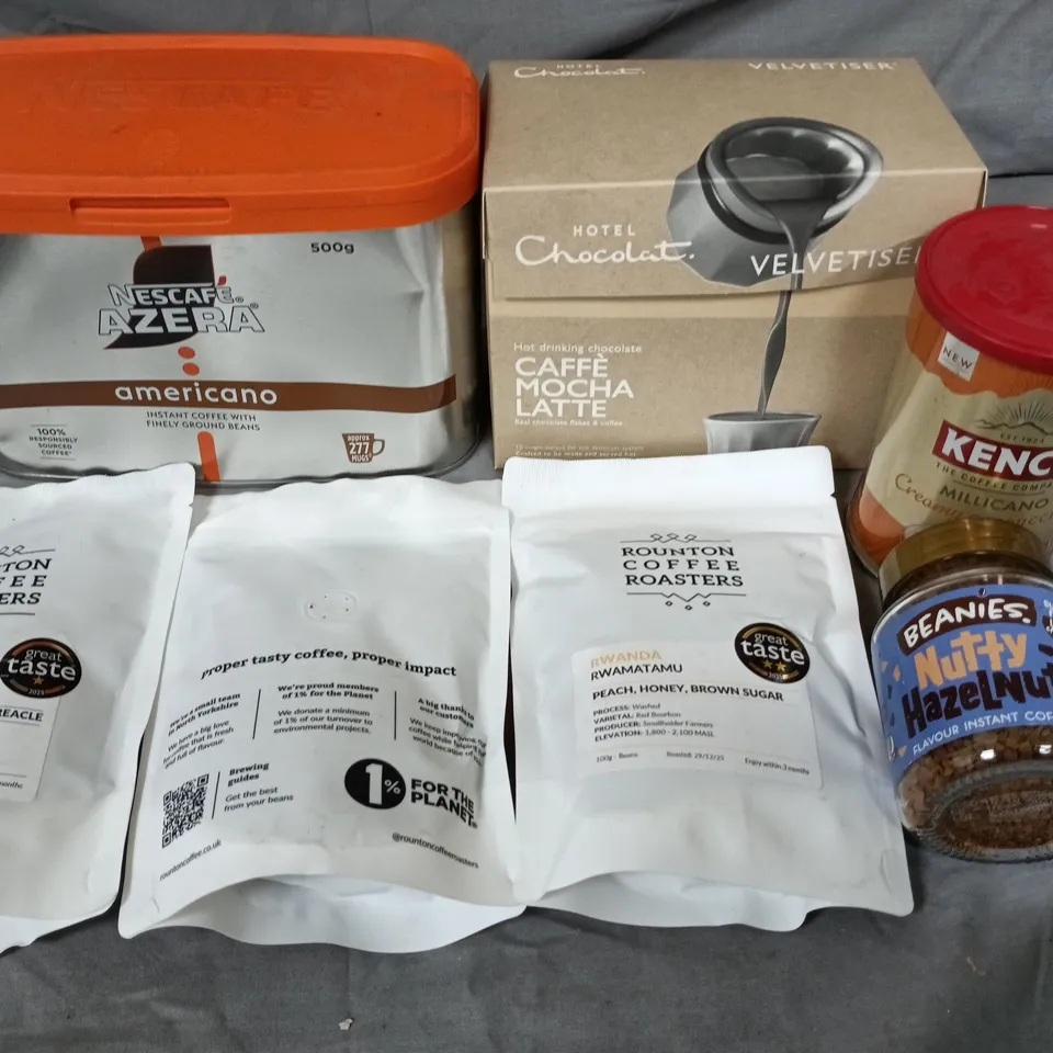 LOT OF 6 ASSORTED COFFEE ITEMS TO INCLUDE AZERA AMERICANO AND ROUNTON COFFEE ROASTERS