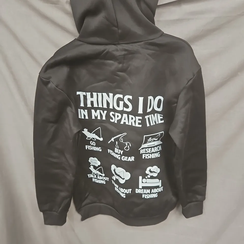 BLACK HOODIE WITH WHITE BACK PRINT: THINGS I DO IN MY SPARE TIME SIZE S