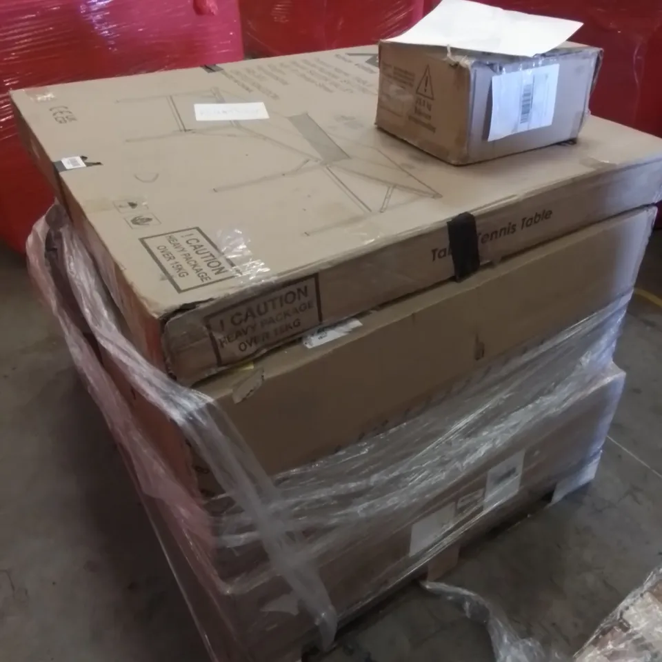 PALLET CONTAINING ASSORTED HOUSEHOLD & HOME IMPROVEMENT PRODUCTS. INCLUDES TABLE TENNIS TABLE, STAINLESS STEEL COOKER HOOD, TRAMPOLINE NET ETC 
