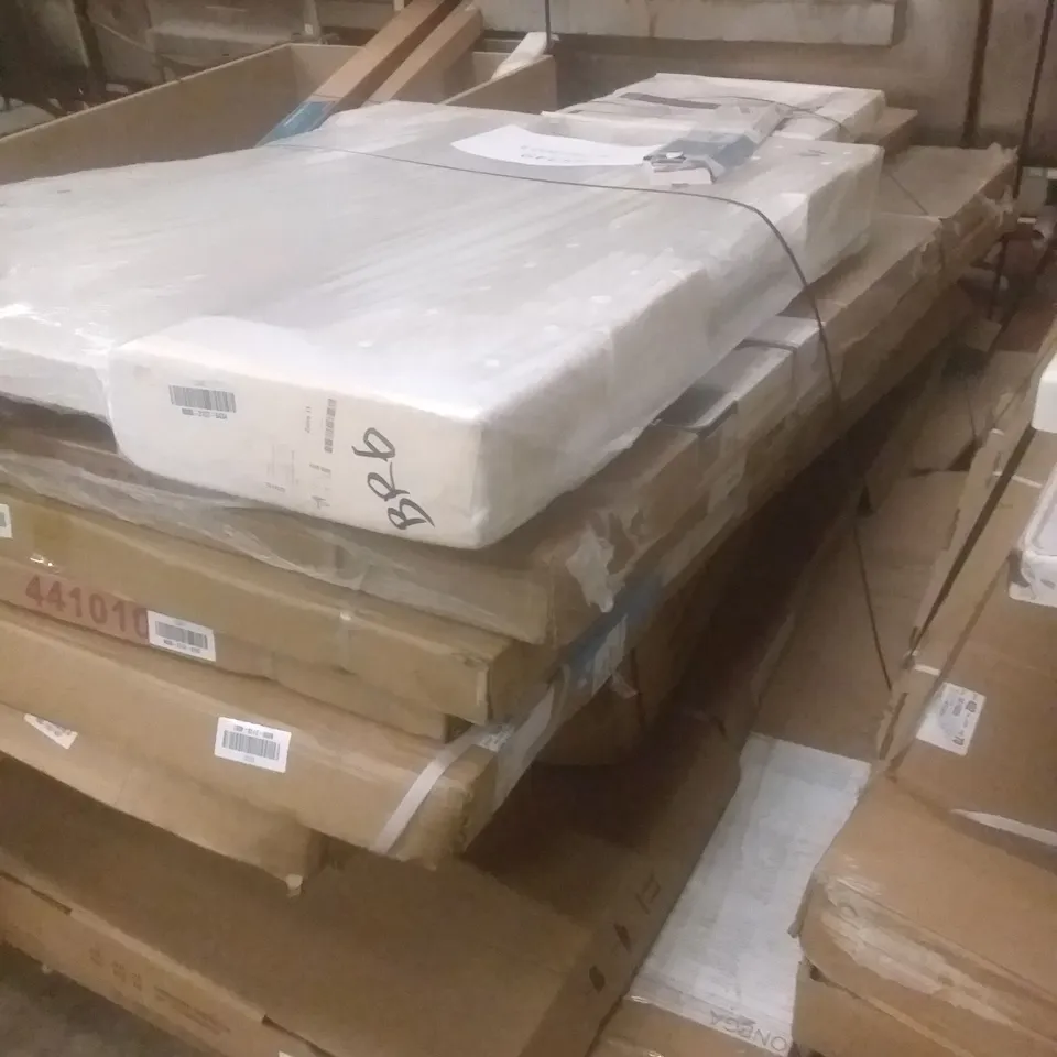 PALLET OF ASSORTED BATHROOM ITEMS SUCH AS, COOKE AND LEWIS CERAMIC SINK DRAINER, SLIDING DOORS AND CORNER SINK