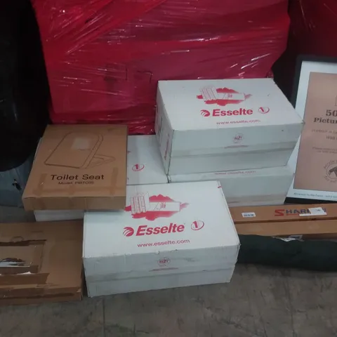 PALLET OF ASSORTED ITEMS INCLUDING TOILET SEAT, ESSELTE BINDERS, OOCOME WALKING STICK, 50X70 PICTURE FRAME, MODAZON LAPTOP DESK, CAMPING TENT