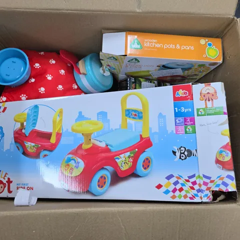 APPROXIMATELY 6 ASSORTED TOYS & GAMES PRODUCTS TO INCLUDE LITTLE LOT MY FIRST RIDE ON, ELC WOODEN POTS & PANS, TOTALLY TRACKS DINO, ETC - COLLECTION ONLY