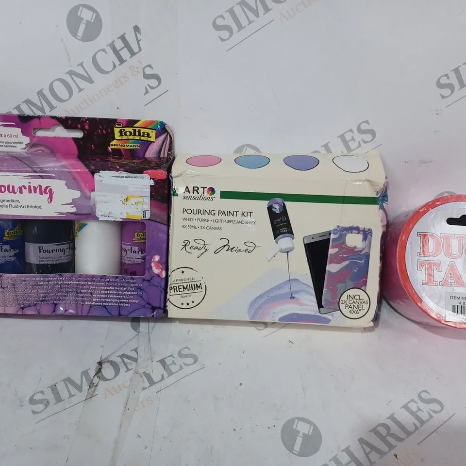 APPROXIMATELY 10 ASSORTED HOUSEHOLD ITEMS TO INCLUDE DUCT TAPE, POURING PAINT KIT, FOLIA ACRYLIC POURING PAINTS, ETC