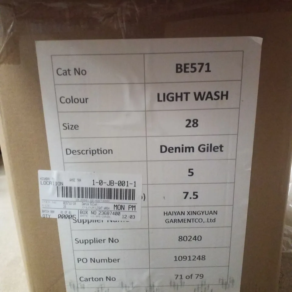 BOX CONTAINING APPROXIMATELY 5 BRAND NEW SIMPLY BE BLUE REGULAR SLEEVELESS DENIM GILETS - SIZE 28
