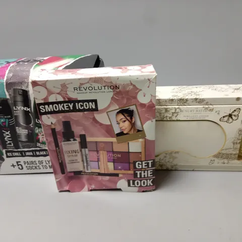 APPROXIMATELY 10 FRAGRANCE AND COSMETIC BOXSETS TO INCLUDE SOFTIE GIFT SET , LYNX GIFT SET AND REVOLUTION GIFT SET , ETC