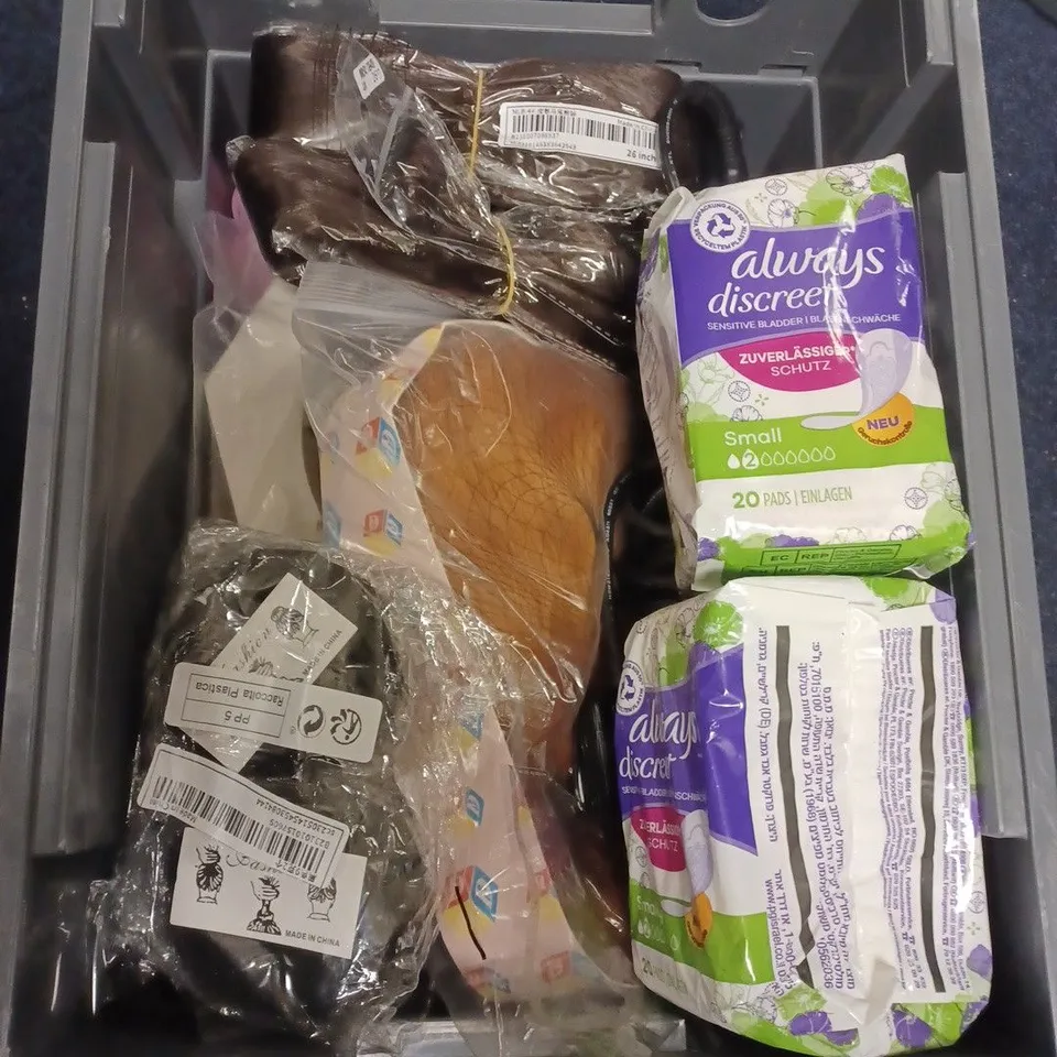 LOT OF ASSORTED HAIR AND BEAUTY PRODUCTS TOO INCLUDE FIRM WIPES , PADS , HAIR EXTENSIONS , ETC 