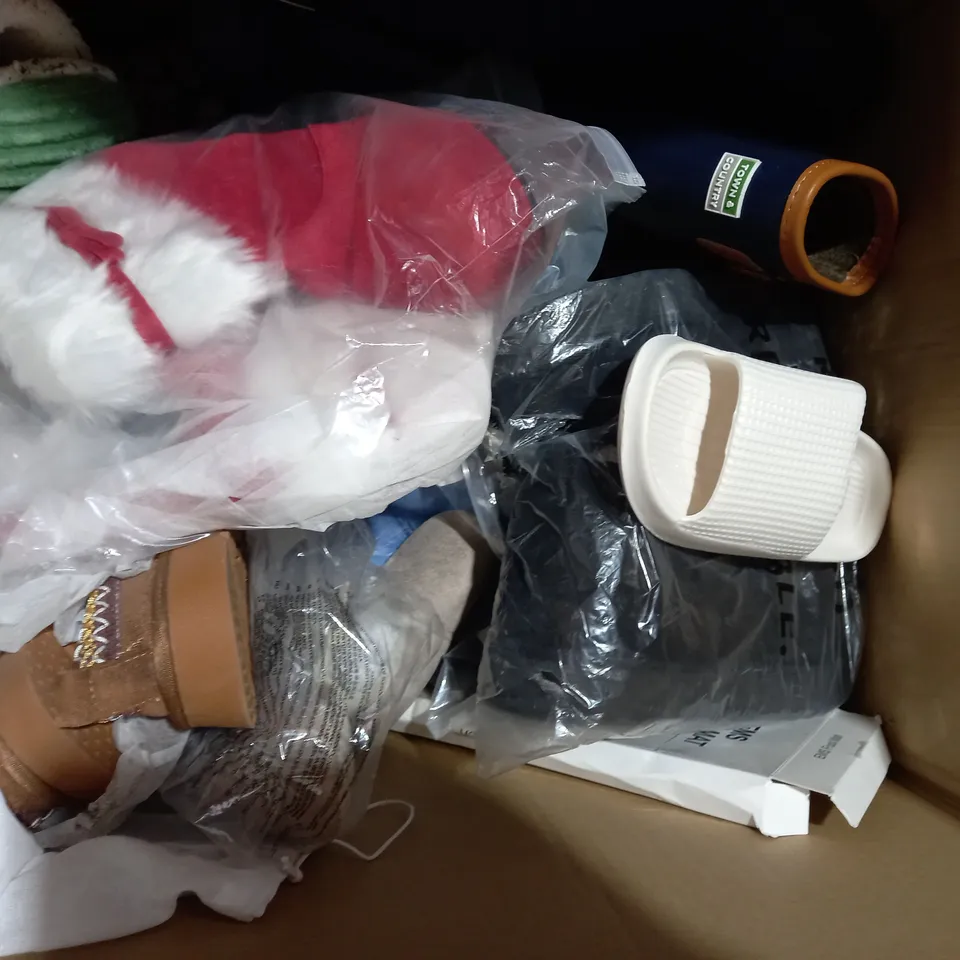 BOX OF APPROXIMATELY 15 ASSORTED PAIRS OF SHOES AND FOOTWEAR ITEMS IN VARIOUS STYLES AND SIZES TO INCLUDE STRADIVARIUS, HEAD AND HEELS, MONCRIEF, ETC