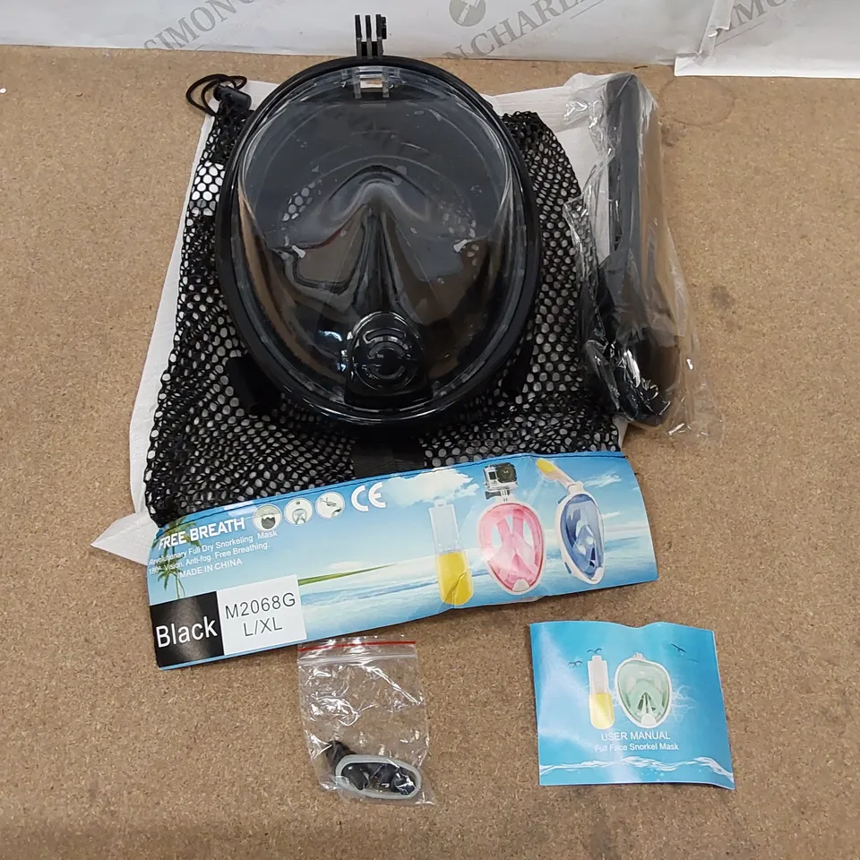 BOX OF APPROXIMATELY 20X BRAND NEW FREE BREATH REVOLUTIONARY FULL DRY SNORKELING MASK 180° VISION, ANTI-FOG - BLACK, SIZES MAY VARY, MAINLY SIZES L/XL (1 BOX)