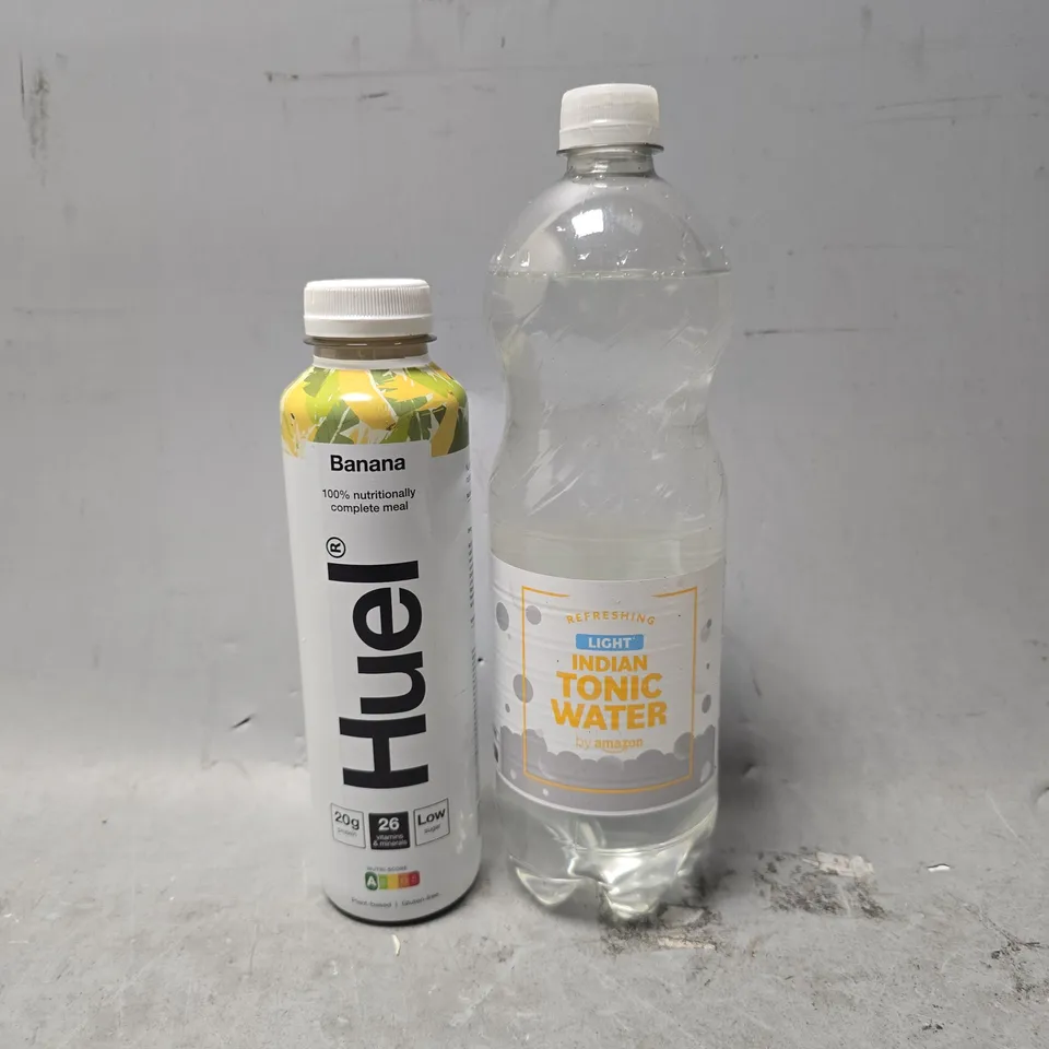 APPROXIMATELY 7 ASSORTED DRINK ITEMS TO INCLUDE - INDIAN TONIC WATER , HUEL BANANA 
