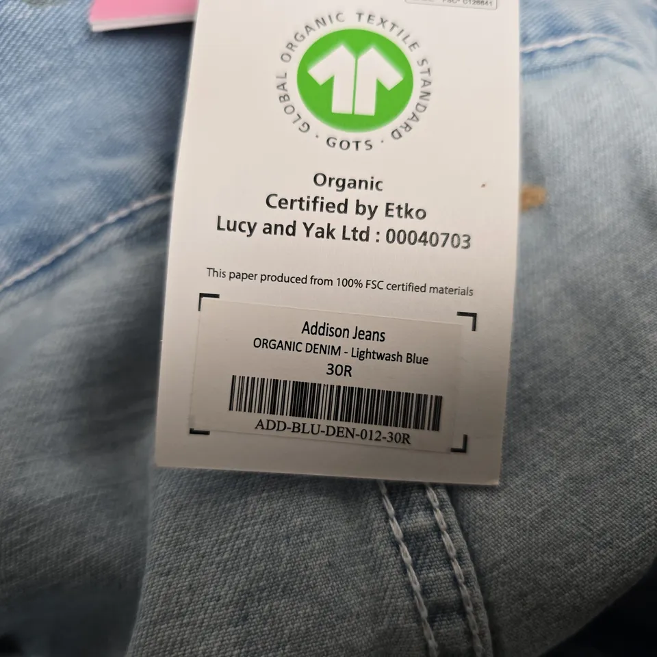 LUCY & YAK ADDISON JEANS – ORGANIC DENIM, LIGHTWASH BLUE, SIZE 30R
