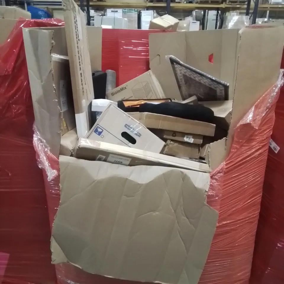 PALLET CONTAINING VARIOUS ASSORTED ITEMS TO INCLUDE: SMOKERS PIPE, 5 TRAYS FOOD DEHYDRATOR MACHINE, KIDS BOOSTER SEAT, CAN DISPENSER FOR REFRIGERATOR AND LOTS MORE UNMARKED BOXED ITEMS 