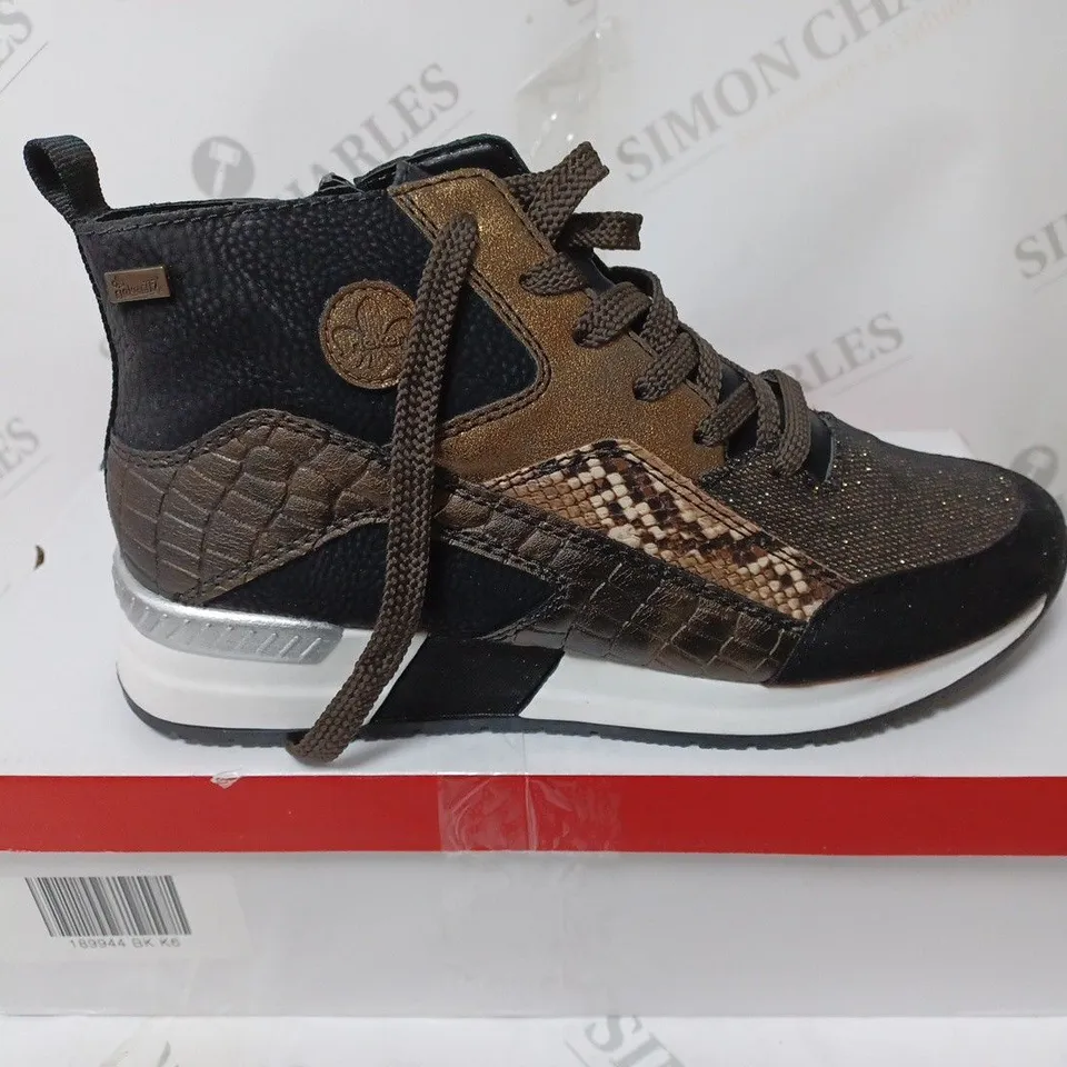 BOXED PAIR OF RIEKER HIGH TOP MIX MATERIAL TRAINER BOOTS IN BLACK UK SIZE 6