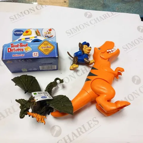 5 ASSORTED PRODUCTS TO INCLUDE; VTECH TOOT TOOT DRIVERS POLICE CAR, PAPO DRAGON AND PAW PATROL FIGURE