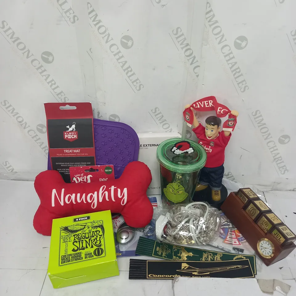 APPROXIMATELY 10 ASSORTED HOUSEHOLD GOODS TO INCLUDE ELBOY AND POOCH TREAT MAT, ERNIE BALL GUITAR STRINGS, SUPACOLOUR STREETWEAR HEAT TRANSFERS ETC. 