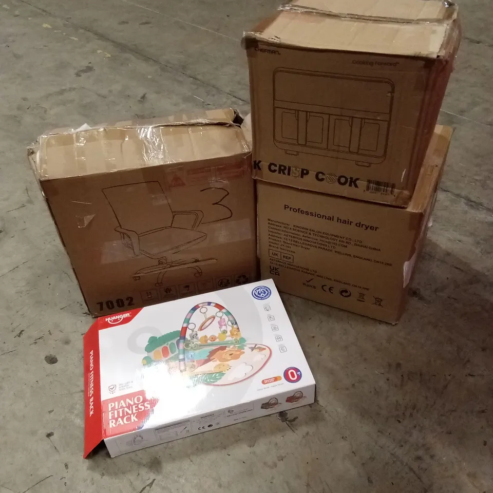 PALLET OF ASSORTED HOUSEHOLD GOODS AND PRODUCTS TO INCLUDE; OFFICE CHAIRS, AIR FRYER, BABY PLAY MAT, STAND HAIR DRYER ETC