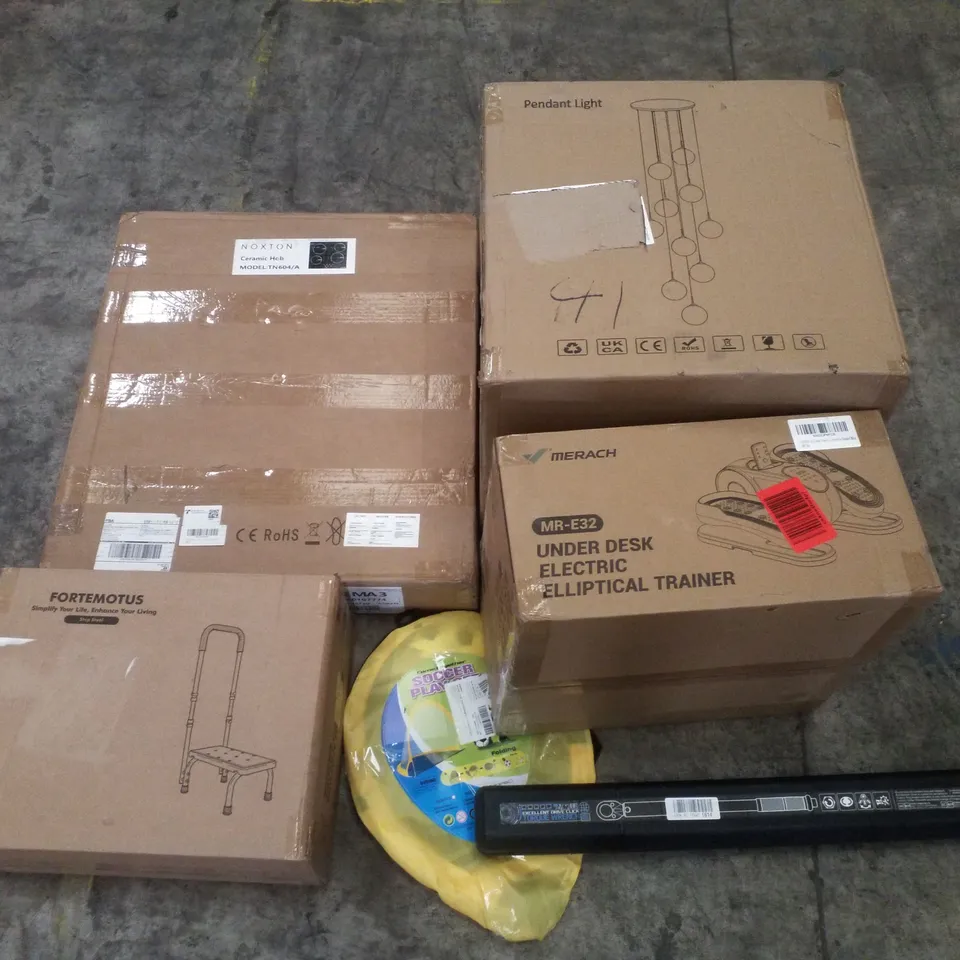PALLET CONTAINING ASSORTED PRODUCTS INCLUDING PENDANT LIGHT, CERAMIC HOB, STEP STOOL, SOCCER PLAY NET, TORQUE WRENCH & UNDER DESK ELECTRIC ELLIPTICAL TRAINER