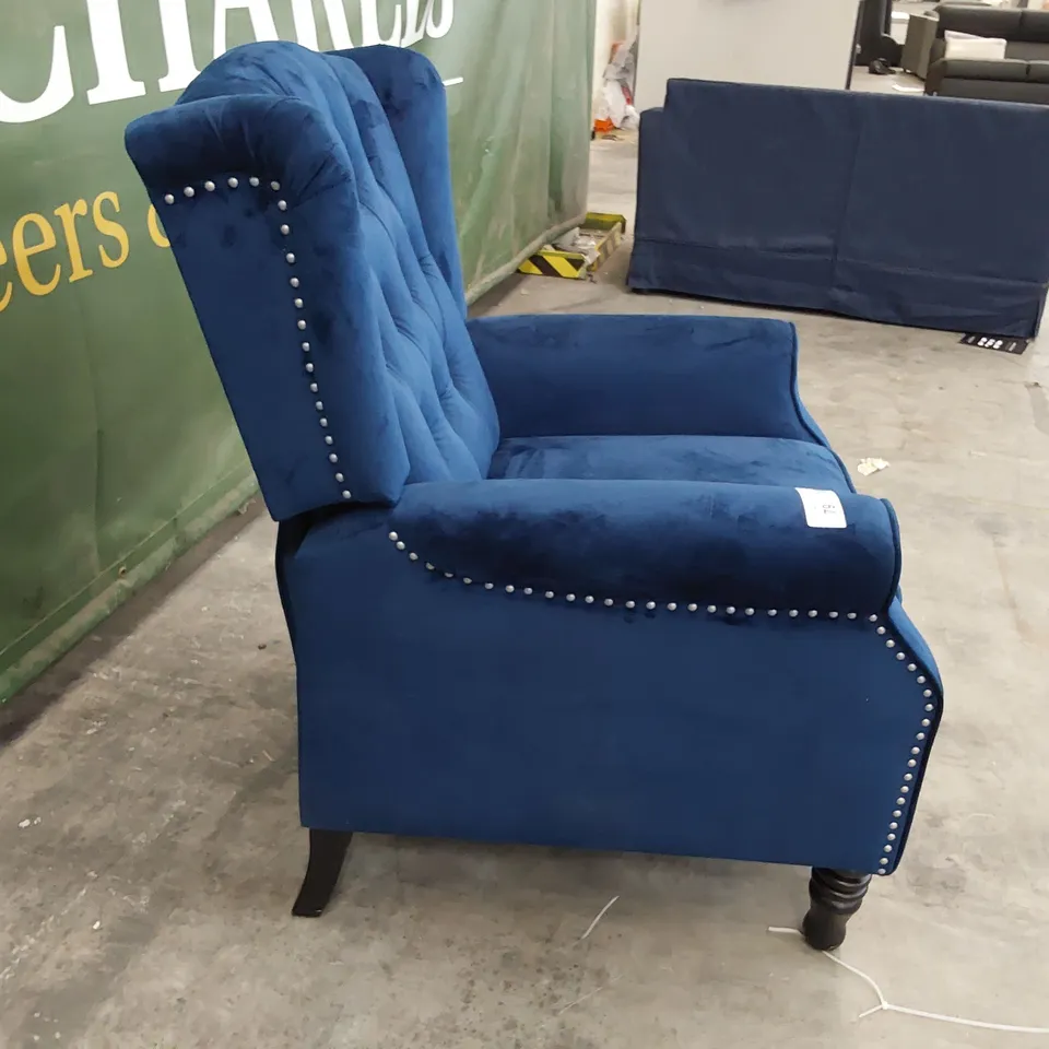 QUALITY DESIGNER PUSH BACK RECLINING EASY CHAIR BUTTON BACK BLUE PLUSH FABRIC 